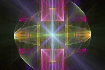 Wall Mural - Multicolored pattern of curved shapes and rays on a black background. Abstract fractal 3D rendering