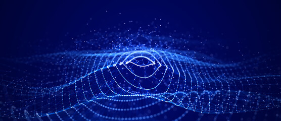 Fototapete - Abstract blue background of points. Wave of particles. Falling cyber particles. Big data stream. 3d rendering