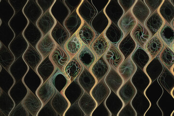 Wall Mural - Orange green pattern of crooked waves on a black background. Abstract fractal 3D rendering