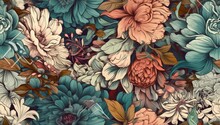 Floral Summer Seamless Pattern. Luxurious Baroque Garden Flowers And Butterfly. Peonies Flowers And Leaves. Luxury Background For Textiles, Wallpaper, Paper. Vintage Illustration.