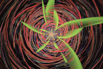 Wall Mural - red green pattern of curved waves and shapes on a black background. abstract fractal 3d rendering