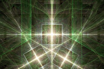 Wall Mural - green yellow glowing pattern of curved shapes and rays on a black background. abstract fractal 3d re