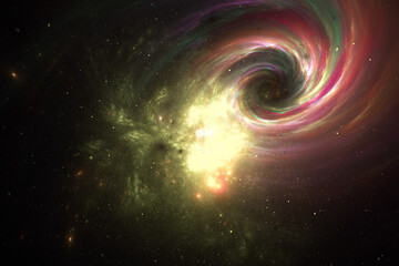 yellow red glowing star dust clouds with swirling disk in black space. abstract fractal 3d rendering