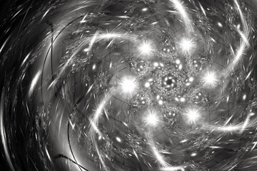 Wall Mural - white luminous swirling pattern of curved shapes and strokes on a black background. abstract fractal