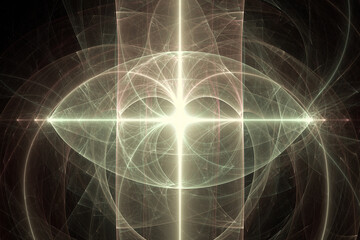 Wall Mural - yellow glowing pattern of curved shapes and rays on a black background. abstract fractal 3d renderin