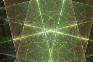 Wall Mural - green glowing pattern of curved shapes and rays on a black background. abstract fractal 3d rendering