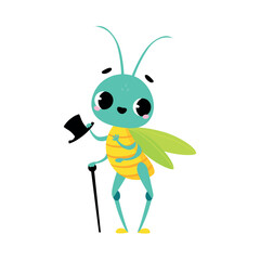 Sticker - Cute grasshopper gentleman with top hat and walking cane. Funny insect cartoon character vector illustration