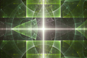 Wall Mural - green glowing pattern of shapes and rays on a black background. abstract fractal 3d rendering
