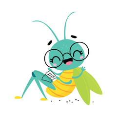 Poster - Cute happy grasshopper in glasses. Funny smart insect cartoon character vector illustration