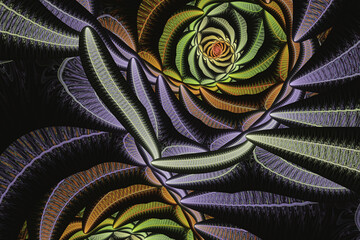 Wall Mural - multicolored swirling pattern of crooked ribbons on a black background. abstract fractal 3d renderin