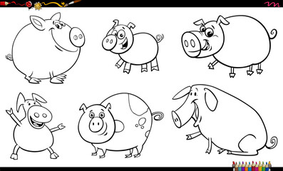 Wall Mural - funny cartoon pigs farm animal characters set coloring page