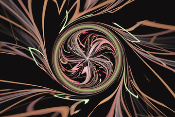 Wall Mural - green red swirling pattern of crooked waves on a black background. abstract fractal 3d rendering