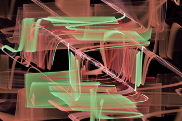 Wall Mural - green red pattern of crooked waves on a black background. abstract fractal 3d rendering