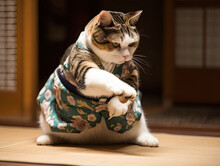 Japanese Cat Sumo, A Traditional Cute Young Sumo Practitioner Statue Of One Of The World's Oldest Martial Arts Generative AI