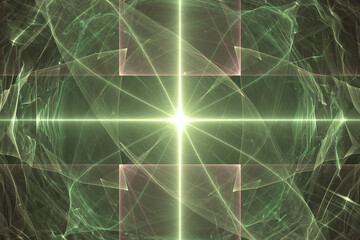Wall Mural - green glowing pattern of crooked waves and rays on a black background. abstract fractal 3d rendering