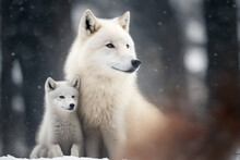 Portrait Of A White Arctic Wolf With Her Baby In The Snowy Day Into The Forest. Generative AI Illustration.