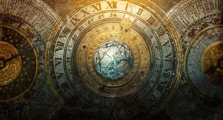 Wall Mural - ancient calendar with constellations and astronomical instruments . symbol of science, astronomy, as
