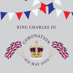King Charles III Coronation vector illustration with crown and union flags