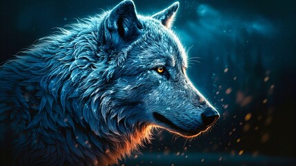 Wolf under the night sky with blue moon. Generative AI.