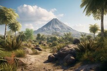 Landscape With A Volcano, Palm Trees And Rocks Under A Blue Sky With Fluffy Clouds 3d Illustration. Generative AI