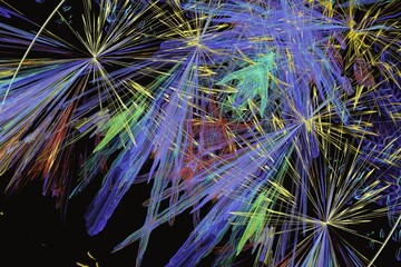 Wall Mural - multicolored bright pattern of crooked rays on a black background. abstract fractal 3d rendering