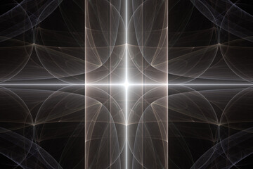 Wall Mural - white glowing pattern of crooked waves and rays on a black background. abstract fractal 3d rendering