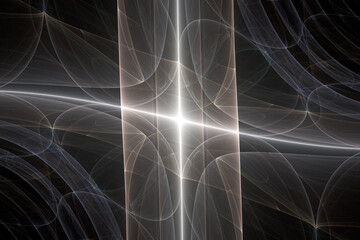 Wall Mural - white glowing pattern of crooked waves and rays on a black background. abstract fractal 3d rendering