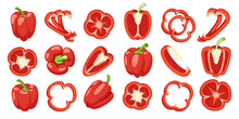 Sweet Red Bell Peppers Set Isolated On White Background. Bell Peppers In Cartoon Style. Vector Illustration