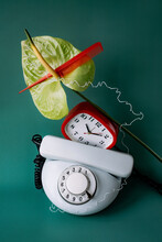 A Composition With A Dial Phone And An Alarm Clock.