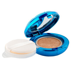 Poster - Bronzer powder for facial makeup in a plastic case with a mirror and a brush on a white background