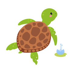 Sticker - Happy Green Turtle Animal with Carapace Swimming in Water Vector Illustration