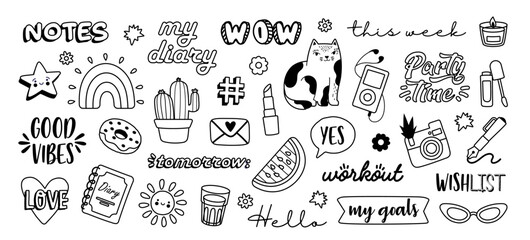 Small stickers for diaries linear. Set of labels for books and memo. Cactus, donut and different inscriptions. Sun and watermelon. Cartoon flat vector illustrations isolated on white background