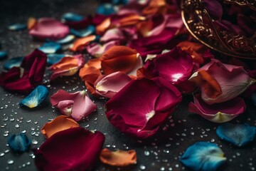 rose petals decorated with colorful glitter, love, valentine day. Generative AI