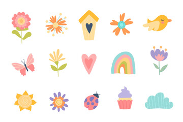 Wall Mural - set of pastel stickers. beautiful flowers and houses. childrens drawings, creativity and art. rainbo