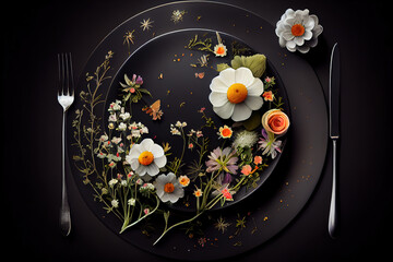 Sticker - fancy plates and tender flowers on black background concept. Generative Ai