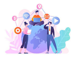 Wall Mural - global team concept. international business and interaction. men and woman stand near planet. remote