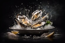 Fresh Oysters In Splash On A Plate With Ice And Lemon. Illustration With Oysters. Generative AI.