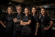 © bluebeat76 - Advertising portrait shot of a cheff team standing together in a restaurant kitchen and they look at the camera. Generative AI.