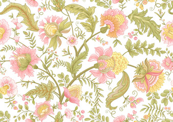 Wall Mural - Fantasy flowers in retro, vintage, jacobean embroidery style. Seamless pattern, background. Vector illustration.