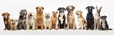 Fototapeta Psy - Group of mixed breed dogs sitting in a row on white background. Domestic Animal Banner concept. Generative AI