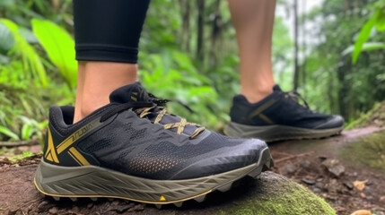 Wall Mural - A woman runs in rainy weather, focus on trail running shoes created with generative AI technology