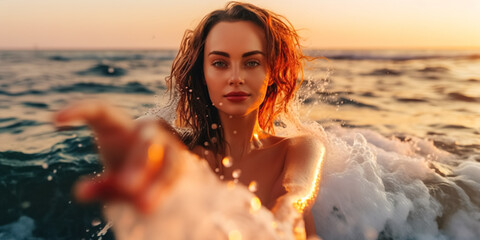 Beautiful young woman splashes water and takes a selfie in the sea with blue sea sunset view on summer vacation. Healthy lifestyle happiness, digital ai art