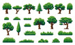 Pixel forest and jungle trees, shrub, grass and herb plants of 8 bit video game nature asset. Pixel art summer trees and bushes with green leaves and brown trunks, pine, oak, fir and maple plants