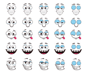 Wall Mural - Cartoon giggle face and blink eye animation of emoji icon or emoticons, vector characters. Giggle face animated spread sheet of emoji with blinking eye or winking and laughing smile with funny face