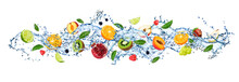 Water Wave Splash With Fruits Of Juice Drink, Vector Realistic 3D Background. Ice Tea Juicy Cocktail And Tropical Lemonade Drink Of Orange, Apple, Peach Or Lemon And Strawberry In Water Wave Splash