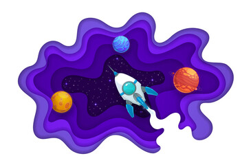 Wall Mural - space paper cut. space rocket, planets and starry galaxy universe vector landscape in 3d wavy layere