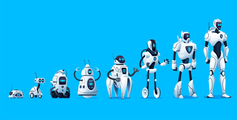 Aufkleber - Robots evolution, vector timeline of robotics technology. Progress of mechanical cyborg characters generations changing from primitive to futuristic hi-tech anthropomorphic intelligent machines