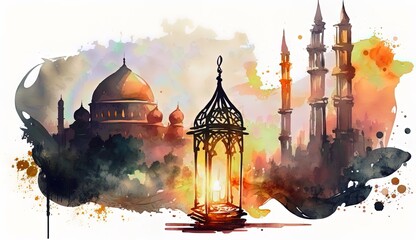 Poster - Watercolor painting Ramadan vibes a mosques landscape with candles lantern