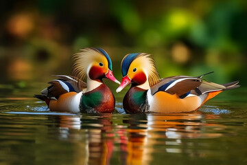 Wall Mural - Two loving mandarin ducks in the water