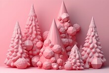 Festive Scene With Pink Christmas Trees On A Pink Background. Generative AI